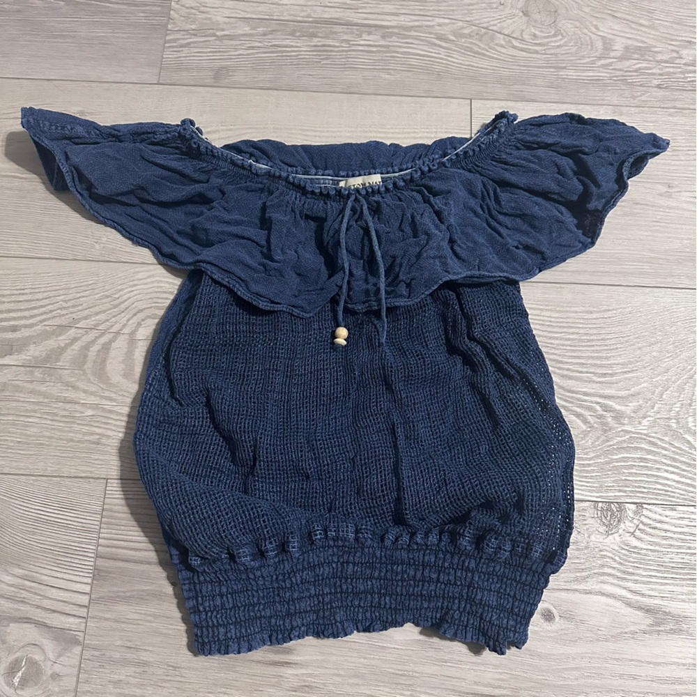 Vintage Y2K Peru Navy Blue Mesh Off-Shoulder Ruffle Beaded Cotton Top, Size M